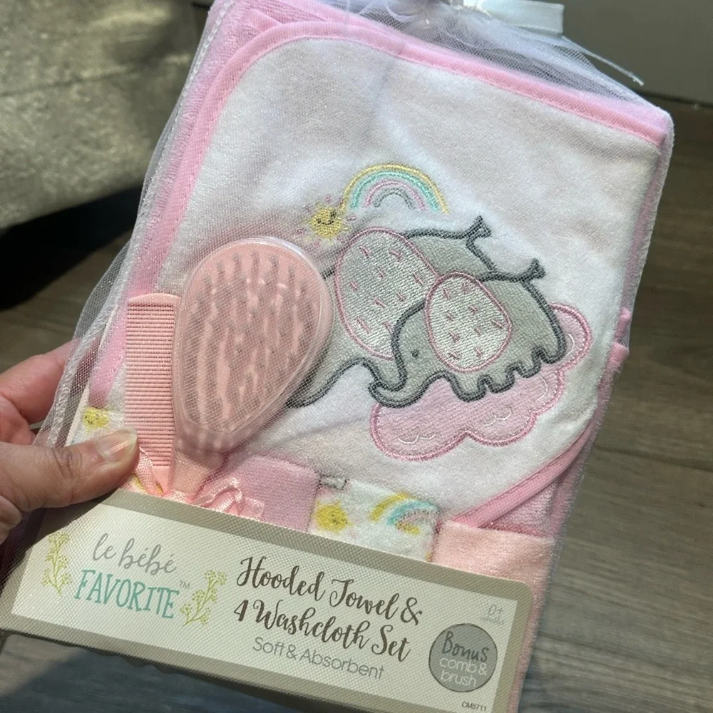Pink Hooded Towel & Washcloth Set with Brush
